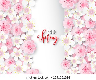 Creative vector illustration Hello spring banner background paper cut style. Plum flower or cherry blossom with white square. Invitation card, template, poster, advertising board, voucher discount.
