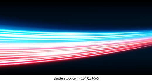 Creative vector illustration of high speed light, night traffic long exposure background. Art design speed road, way tunnel template. Concept blurred night lights, movie effect, motion element