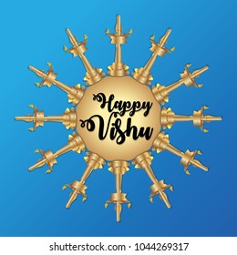 Creative vector illustration for hindu festival Vishu celebrated in kerala india. Can be used for poster, banner, greetings, backgrounds. Crackers,
 flowers and objects. (Translation: Happy New Year)