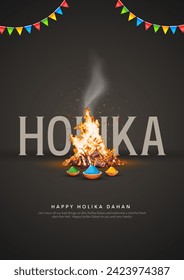 Kreative Vektorgrafik von Holika Dahan (Burning Holika, der Teufel) Hintergrund für Holi Feiern mit einer Schüssel Farben.