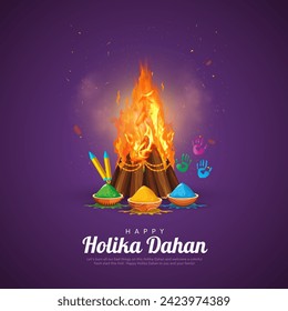 Ilustración vectorial creativa de los antecedentes de Holika Dahan (Burning Holika, el diablo) para la celebración Holi con tazón de colores.