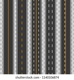 Creative vector illustration of horizontal straight seamless roads isolated on transparent background. Art design modern asphalt repetitive highways. Road asphalt highway street seamless element.
