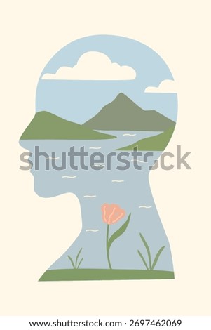 Creative vector illustration of a human head silhouette with a tranquil landscape inside. For mindfulness, psychology, mental health, nature, meditation, ecology, and wellness concepts