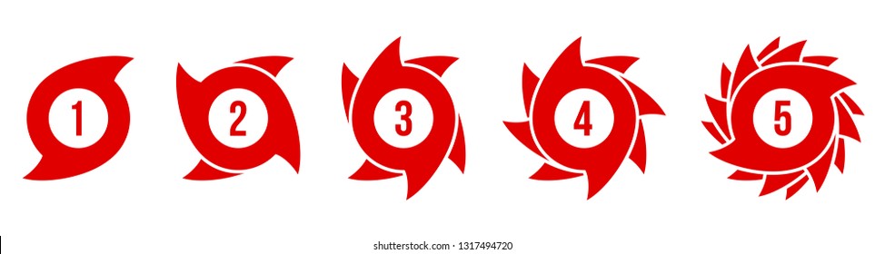 Creative vector illustration of hurricane scale indication icon symbol set isolated on transparent background. Art design vortex, typhoon, tornado funnel, wind storm. Abstract concept graphic element
