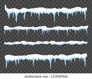 Creative vector illustration of ice icicle, caps, snowflakes set isolated on background. Winter snow clouds template art design. Snowy frame decoration. Graphic element. New year. Merry cristmas