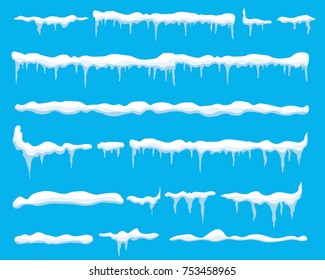 Creative vector illustration of ice icicle, caps, snowflakes set isolated on background. Winter snow clouds template art design. Snowy frame decoration. Graphic element. New year. Merry cristmas.