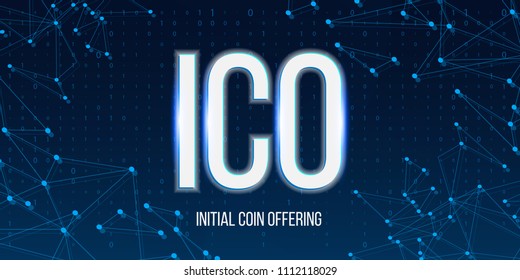 Creative vector illustration of ICO initial coin offering banner background. Blockchain business event cryptocurrency bitcoin sale. Concept IT startup crowdfunding. Virtual digital electronic money