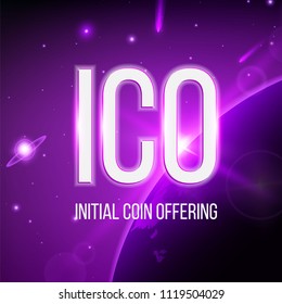 Creative vector illustration of ICO initial coin offering banner background. Blockchain business event cryptocurrency bitcoin sale. Concept IT startup crowdfunding. Virtual digital electronic money