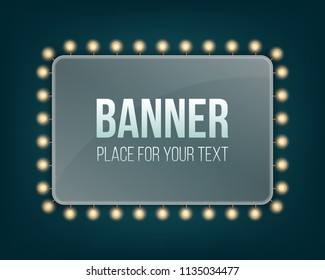 Creative vector illustration of illuminated realistic shine string bulbs banner isolated on transparent background. Art design glowing billboard hollywood lights. Abstract concept graphic element