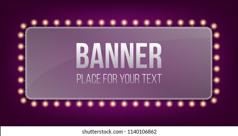 Creative vector illustration of illuminated realistic shine string bulbs banner isolated on transparent background. Art design glowing billboard hollywood lights. Abstract concept graphic element