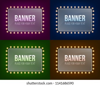 Creative vector illustration of illuminated realistic shine string bulbs banner isolated on transparent background. Art design glowing billboard hollywood lights. Abstract concept graphic element