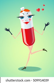 Creative vector illustration with the image of cartoon character Funny Pill. Capsules provided in the form of fun and cheerful nurse exuding hearts.