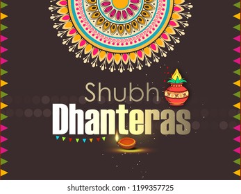 Creative vector illustration of Indian festival Dhanteras and Diwali with text and golden pot full of coins 