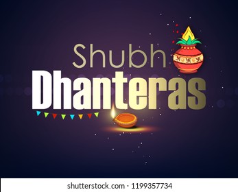 Creative vector illustration of Indian festival Dhanteras and Diwali with text and golden pot full of coins 