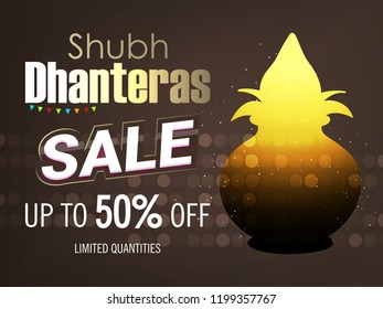Creative vector illustration of Indian festival Dhanteras and Diwali with text and golden pot full of coins 