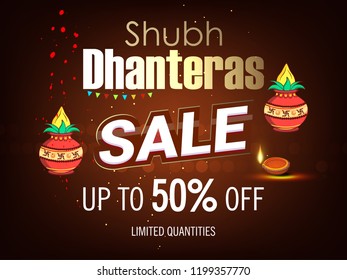 Creative vector illustration of Indian festival Dhanteras and Diwali with text and golden pot full of coins 