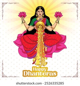 creative vector illustration of Indian festival Dhanteras festival with Goddess Laxmi with golden coins and abstract decorative background.