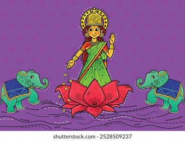 creative vector illustration of Indian festival Dhanteras festival with Goddess Laxmi with desi art style and abstract decotarive background.