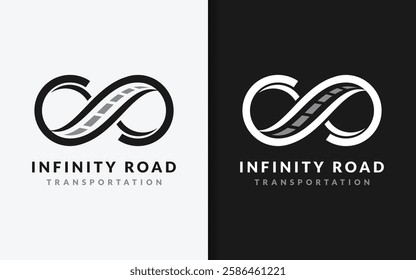 A creative vector illustration of an infinity symbol seamlessly merged with a winding asphalt road in a modern design. Modern transportation vector symbol design Illustration