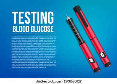 Creative vector illustration of insuline pens equipment and glucose level blood test for diabetics on background. Art design treatment diabetes disease template. Abstract concept graphic element