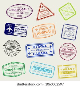 Creative vector illustration of international business travel visa passport stamp set isolated on transparent background. Art design variety rubber city arrival sign. Abstract concept graphic element.