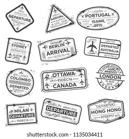 Creative vector illustration of international business travel visa passport stamp set isolated on transparent background. Art design variety rubber city arrival sign. Abstract concept graphic element.