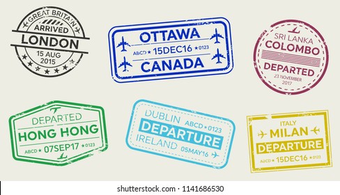 Creative vector illustration of international business travel visa passport stamp set isolated on transparent background. Art design variety rubber city arrival sign. Abstract concept graphic element.