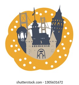 Creative vector illustration Istanbul. Famous turkish landmarks in a frame of a sesame bagel Simit. Palace gate, Galata tower, Maiden tower, Bosphorus bridge, fountain. Dark blue, grey, yellow colors.