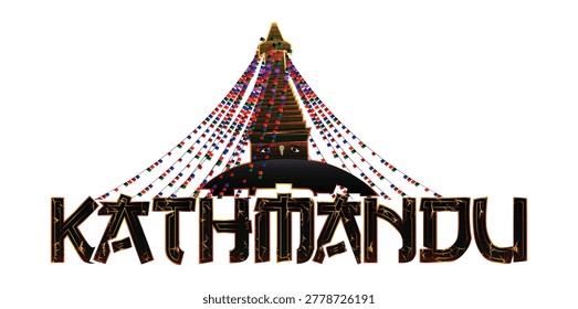 Creative vector illustration of Kathmandu city typography featuring the iconic Boudhanath Stupa landmark. Professional flat design with cultural motifs, perfect for Nepal tourism, travel branding, and souvenir merchandise. High-quality EPS file for versatile use