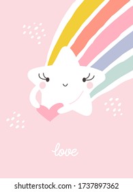 Creative vector illustration of kawaii star with rainbow tail. Funny design for cute greeting card or pretty poster
