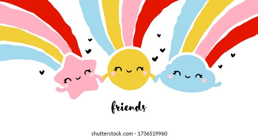 Kreative Vektorgrafik von Kawaii Sonne, Stern und Wolke mit Regenbögen, die Händen halten. Freundschaftsthema lustiges Design für süße Grußkarte oder cooles Poster