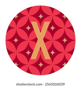 Creative vector illustration of the letter ‘X’ in gold, set against a red floral geometric pattern. Great for branding, artistic projects, and decorative visual elements