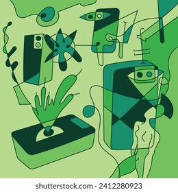 Creative vector illustration with linear drawings of smartphones for creating banner. Modern minimalist graphics. Concept of digital detox. Social media and internet. Woman silhouette line art.