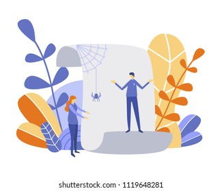 Creative vector illustration,  list is empty error. People are surprised. Empty paper list with spider web.Concept for web, banner, presentation, documents, cards