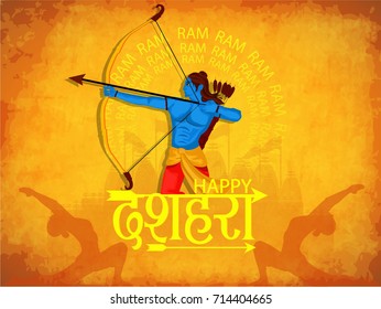 Creative vector illustration of Lord Rama with arrow that killed Ravana in Navratri festival of India poster with hindi text meaning Dussehra