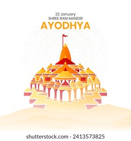 Creative Vector Illustration of Lord Rama's Birthplace in Ayodhya's Ram Mandir with Typography