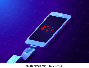 Creative vector illustration of low charged battery smartphone with cellphone usb plugs cable isolated on background. Isometric style.