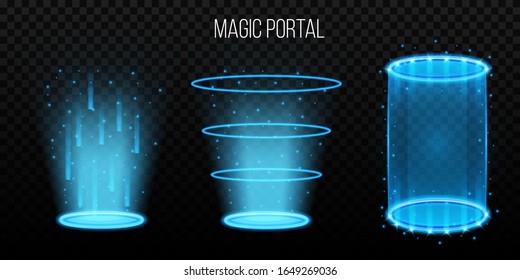 Creative vector illustration of magic portals, hologram teleport, space tunnel isolated on transparent background. Art design portal light, glowing teleport template. Abstract concept, rays element