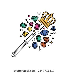 A creative vector illustration of a magic wand conjuring a golden royal crown and various colorful sparkling gemstones.