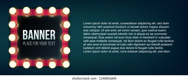 Creative vector illustration of makeup frame with light, volumetric marquee mirror isolated on transparent background. Art design retro electric bulbs, glowing lamps. Abstract concept graphic element