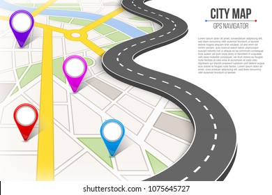 Creative vector illustration of map city. Street road infographic navigation with GPS pin markers and pointers. Art design. City route and infrastructure. Abstract concept graphic element.