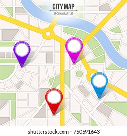 Creative vector illustration of map city. Street road infographic navigation with GPS pin markers and pointers. Art design. Route and infrastructure. Abstract concept graphic element