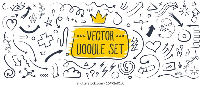 Ilustración vectorial creativa de flechas de doodle de marcador, boceto dibujado a mano aislado en el fondo. Marcas de diseño artístico, formas de arte de línea, plantilla de garabatos de marcador. Elemento gráfico conceptual abstracto.