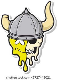 Ilustración vectorial creativa de un cráneo derretido con un casco de cuernos vikingos. Estilo de dibujos animados audaz con contornos gruesos, perfecto para camisetas, pegatinas, carteles, logotipos, juegos, diseños de tatuajes y proyectos de marca vanguardistas.