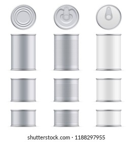 Creative vector illustration metal tin can of tuna top and front view isolated on transparent background. Art design food aluminum, steel packaging template mock up. Abstract concept graphic element
