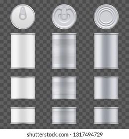 Creative vector illustration metal tin can of tuna top and front view isolated on transparent background. Art design food aluminum, steel packaging template mock up. Abstract concept graphic element