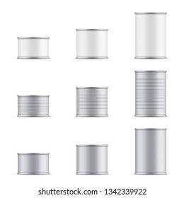 Creative vector illustration metal tin can of tuna top and front view isolated on transparent background. Art design food aluminum, steel packaging template mock up. Abstract concept graphic element