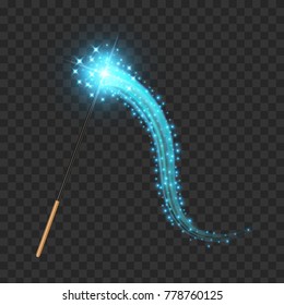 Creative vector illustration of miracle magical stick with sparkle isolated on transparent background. Art design wizard wand tool glow. Abstract concept graphic stars, lights, energy element.