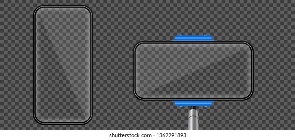 Creative vector illustration of monopod selfie stick with empty phone mobile screen isolated on transparent background. Art design mock up smartphone photo template. Abstract concept graphic element