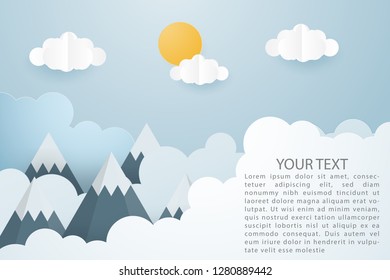 Creative vector illustration of mountain landscape with sun and clouds paper cut style. Sunrise and sunset over mountains. Digital art paper craft. Wallpaper. Banner. Brochure. Beautiful mountain.